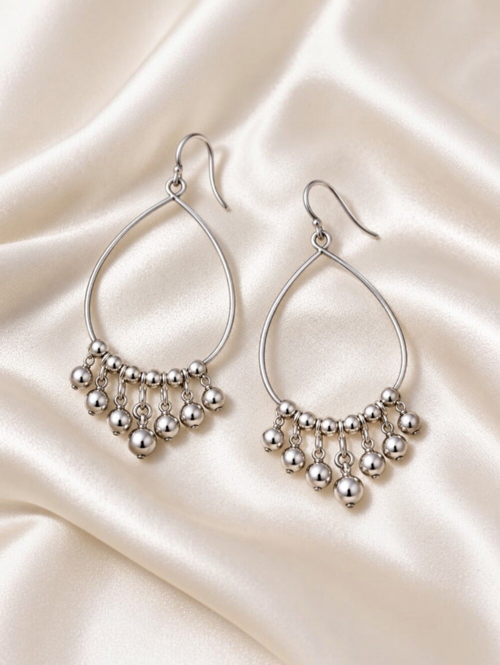 Chico’s Silver Oval Wire Hoop Beaded Earrings - Picture 2 of 3